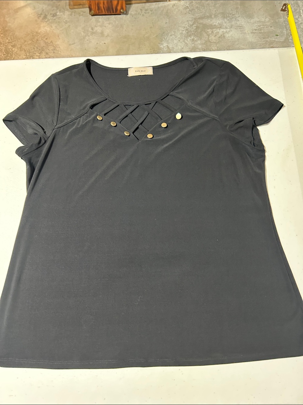 Black Lattice-Detail Short Sleeve Top - ECI New York